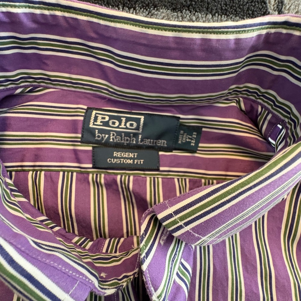 Polo Ralph Lauren Shirt Mens 17 32/33 Purple Green Striped Regent Custom Fit - Picture 5 of 9